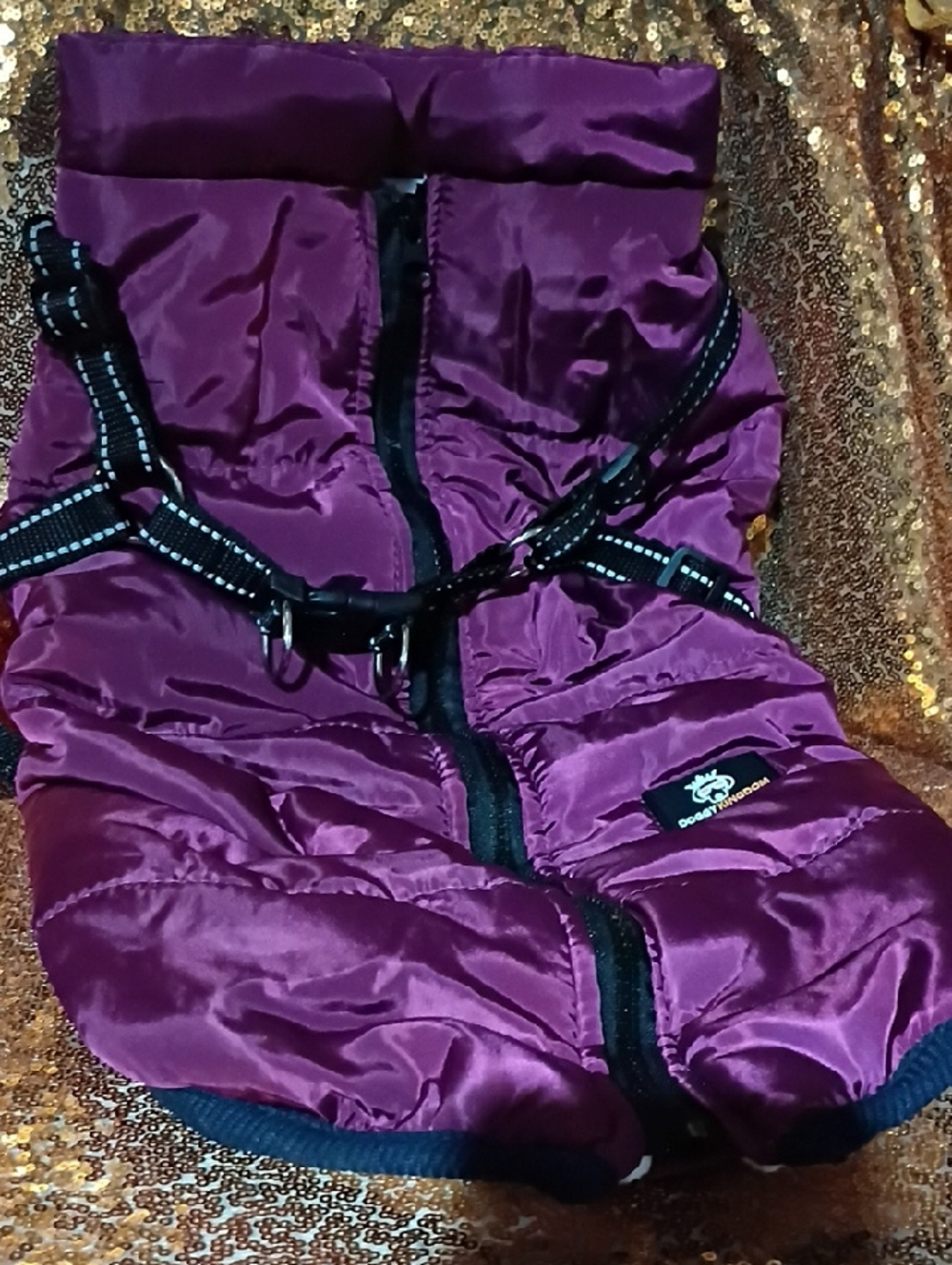 Purple Puffer Dog Coat with Reflective Harness